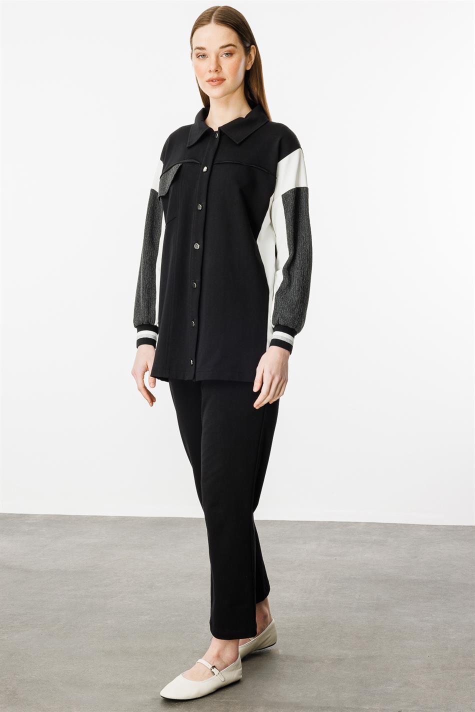 Crepe-cut, flowing cotton blend trousers and matching set - Black