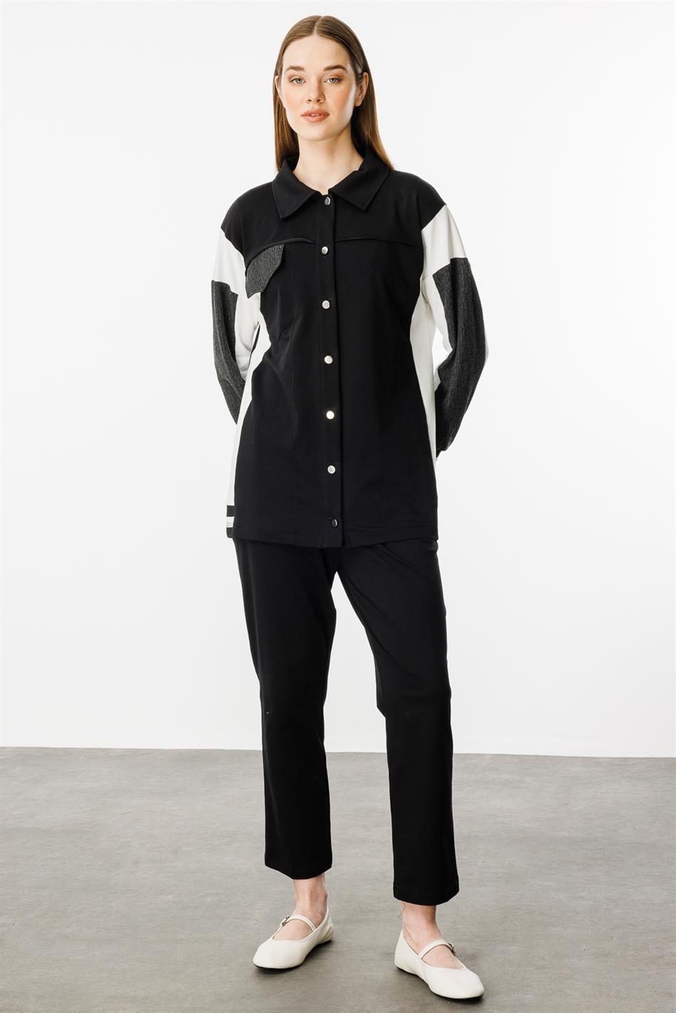 Crepe-cut, flowing cotton blend trousers and matching set - Black