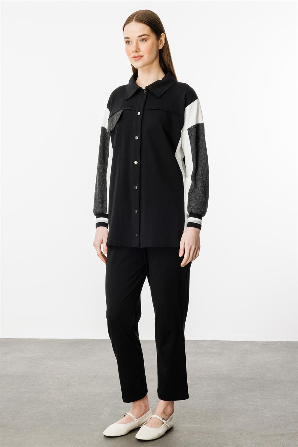 Crepe-cut, flowing cotton blend trousers and matching set - Black