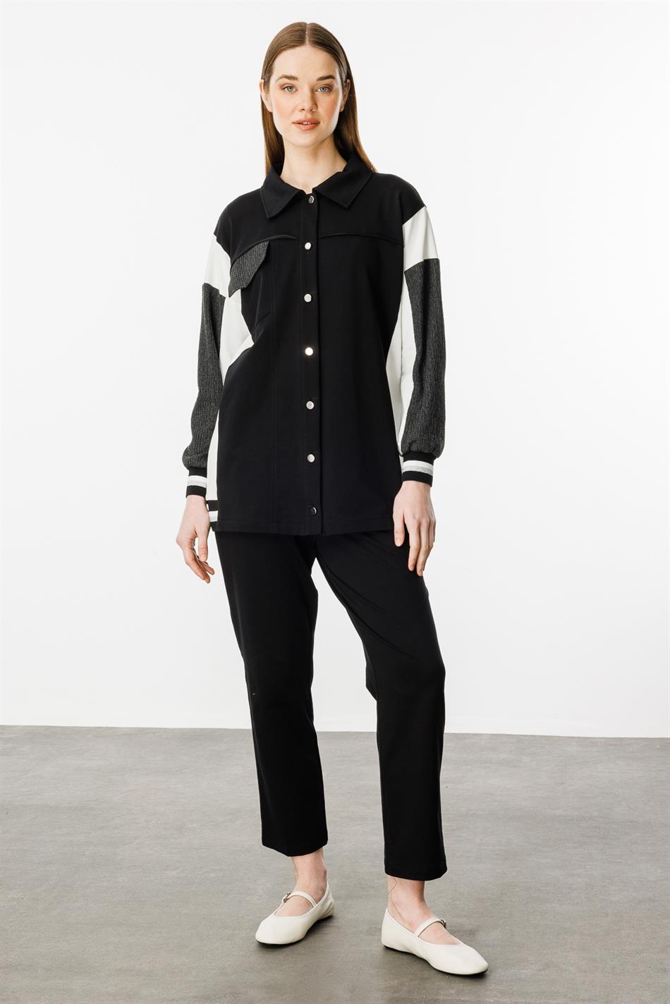 Crepe-cut, flowing cotton blend trousers and matching set - Black