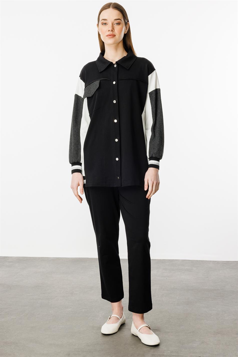 Crepe-cut, flowing cotton blend trousers and matching set - Black