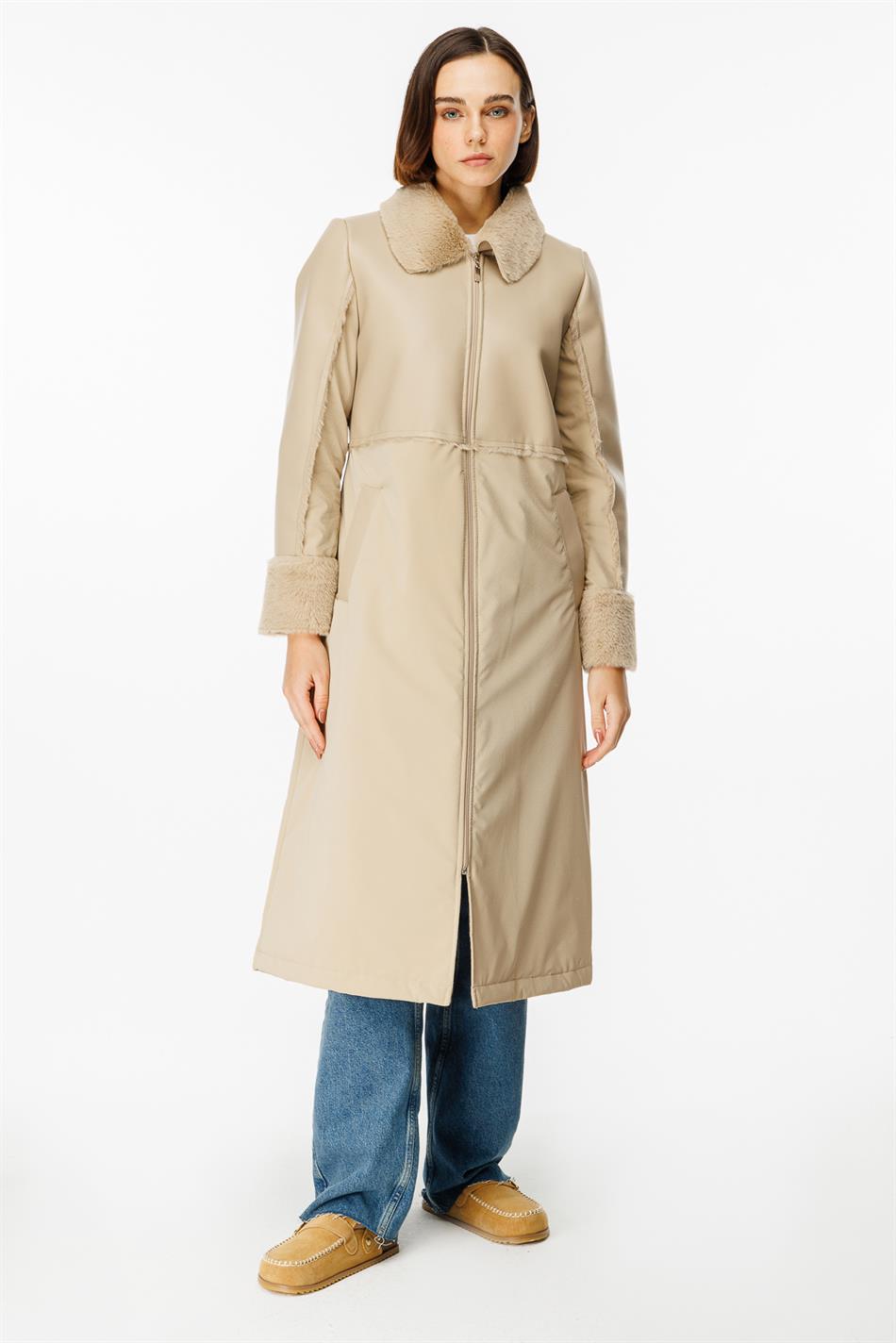 Camo Soft Fur Lined Leather-Look Upper Body and Padded Sporty Special Fabric Coat Jacket - Stone