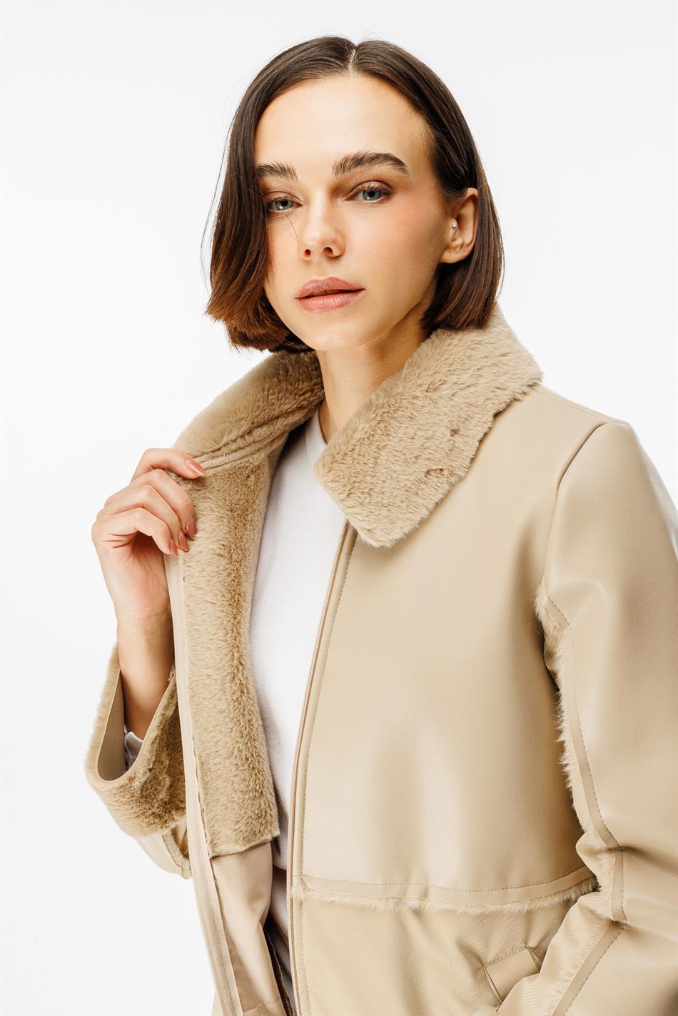 Camo Soft Fur Lined Leather-Look Upper Body and Padded Sporty Special Fabric Coat Jacket - Stone