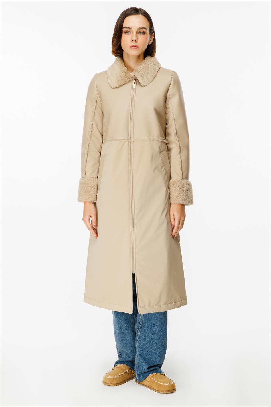 Camo Soft Fur Lined Leather-Look Upper Body and Padded Sporty Special Fabric Coat Jacket - Stone