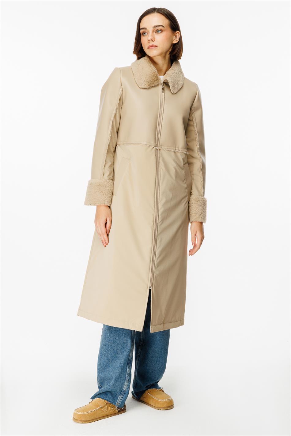 Camo Soft Fur Lined Leather-Look Upper Body and Padded Sporty Special Fabric Coat Jacket - Stone