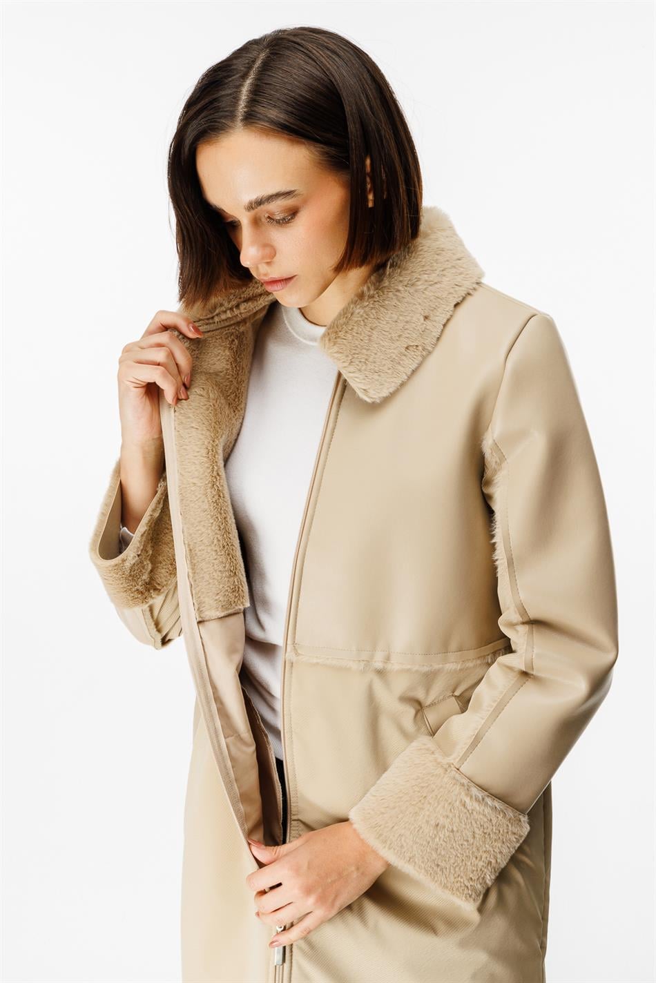 Camo Soft Fur Lined Leather-Look Upper Body and Padded Sporty Special Fabric Coat Jacket - Stone