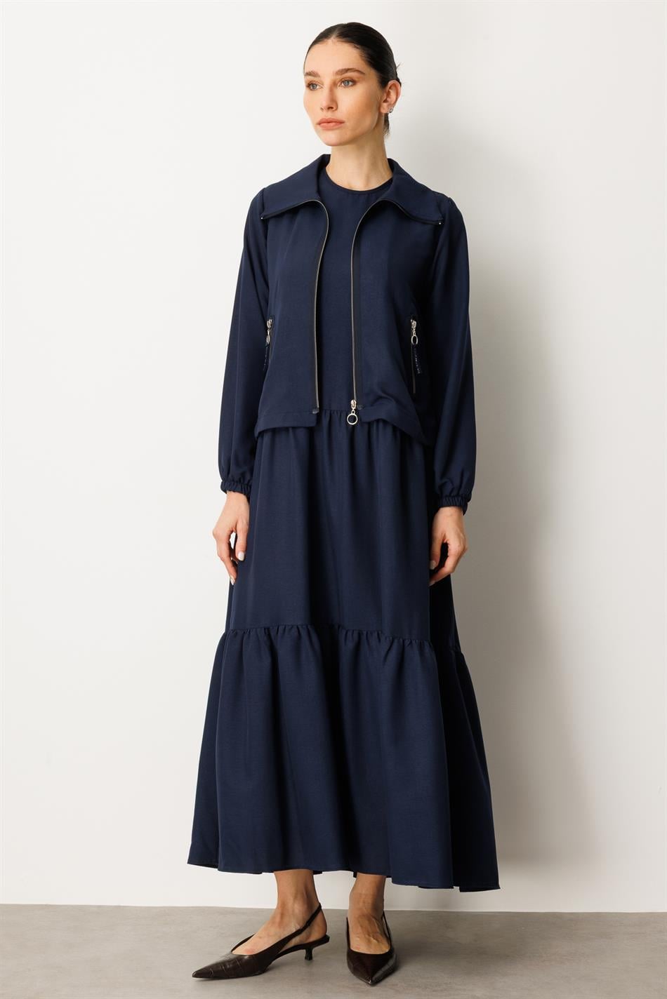 Jasje en onderhemd combinatie, zijden jurk Ferace-Navy