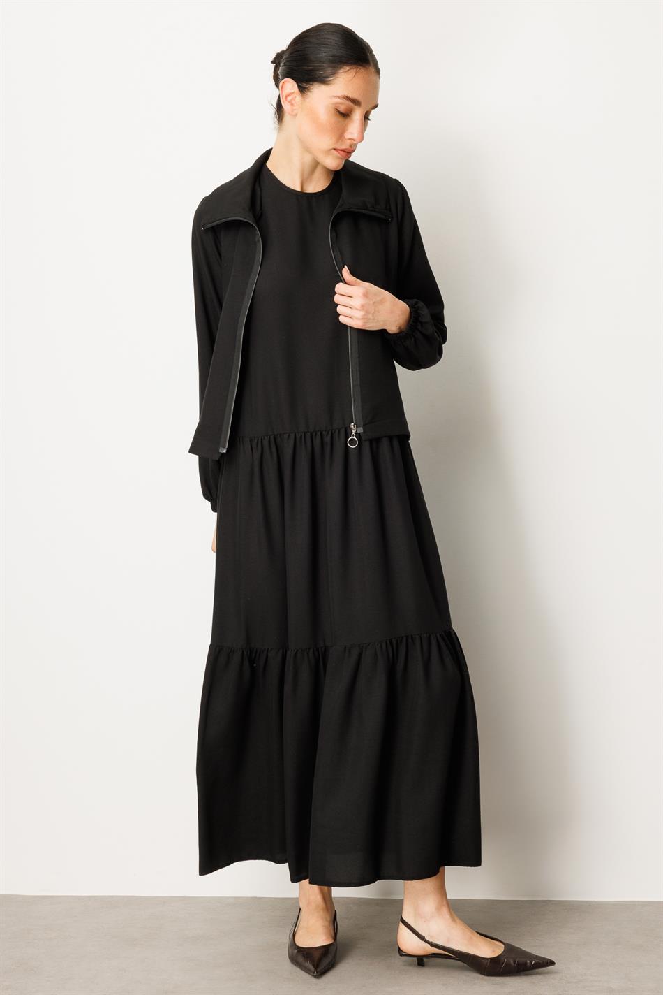 Jacket and Undershirt Combination Silk Dress Abaya - Black