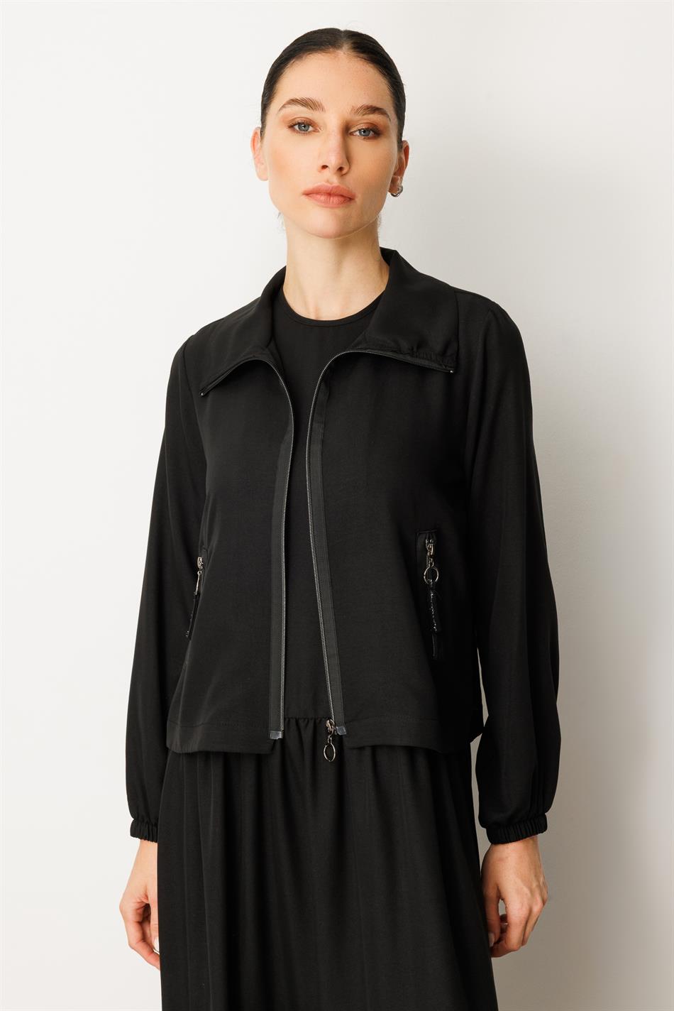 Jacket and Undershirt Combination Silk Dress Abaya - Black