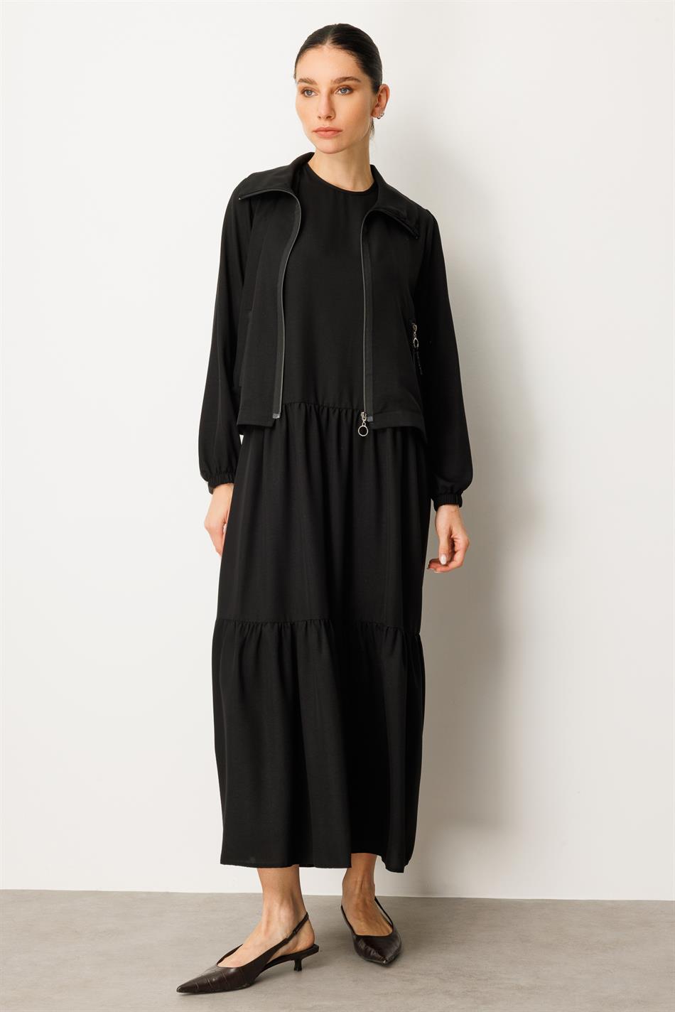Jacket and Undershirt Combination Silk Dress Abaya - Black