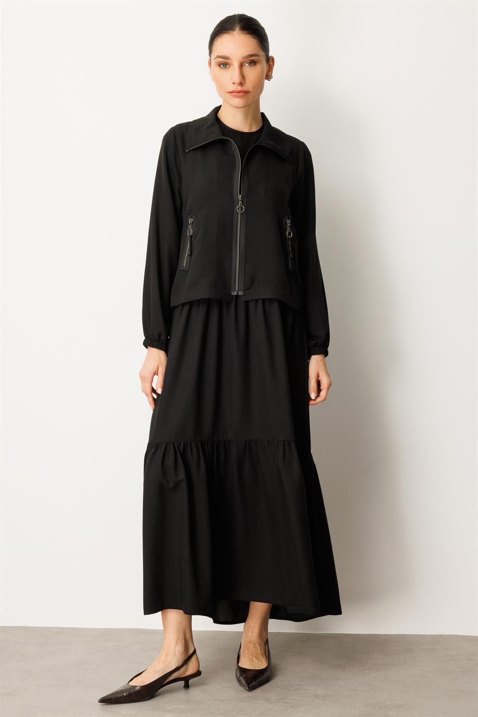 Jacket and Undershirt Combination Silk Dress Abaya - Black