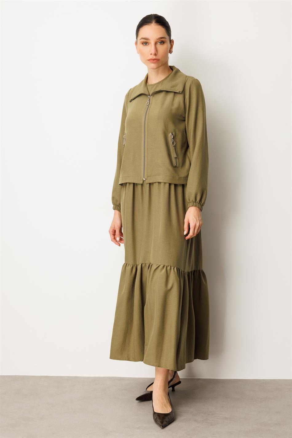Ceket ve İç Jile Kombin İpekçe Elbise Ferace-Haki