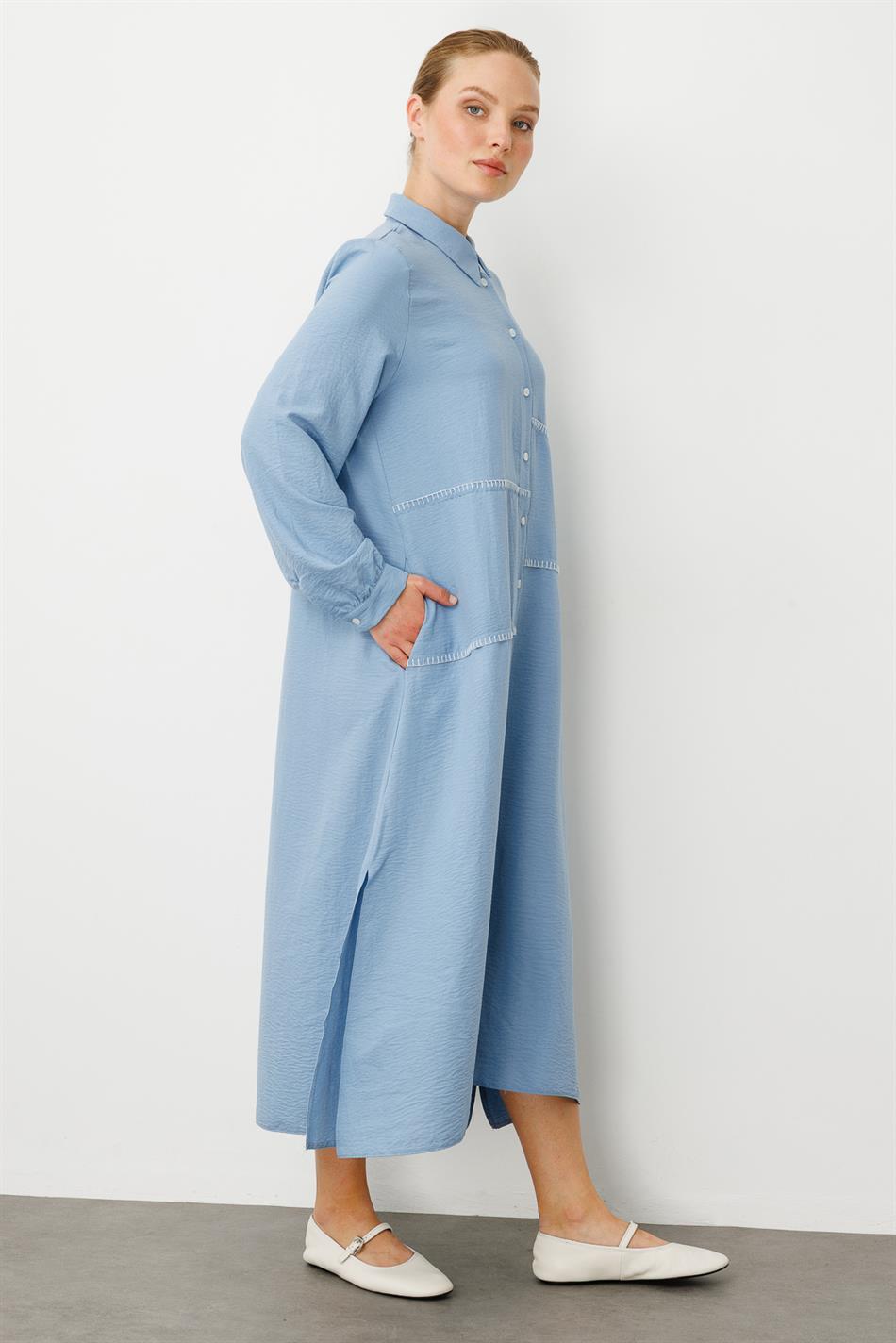 Chooban-Ziernähte, bequeme Abaya aus Seidenstoff, bequem - Blau