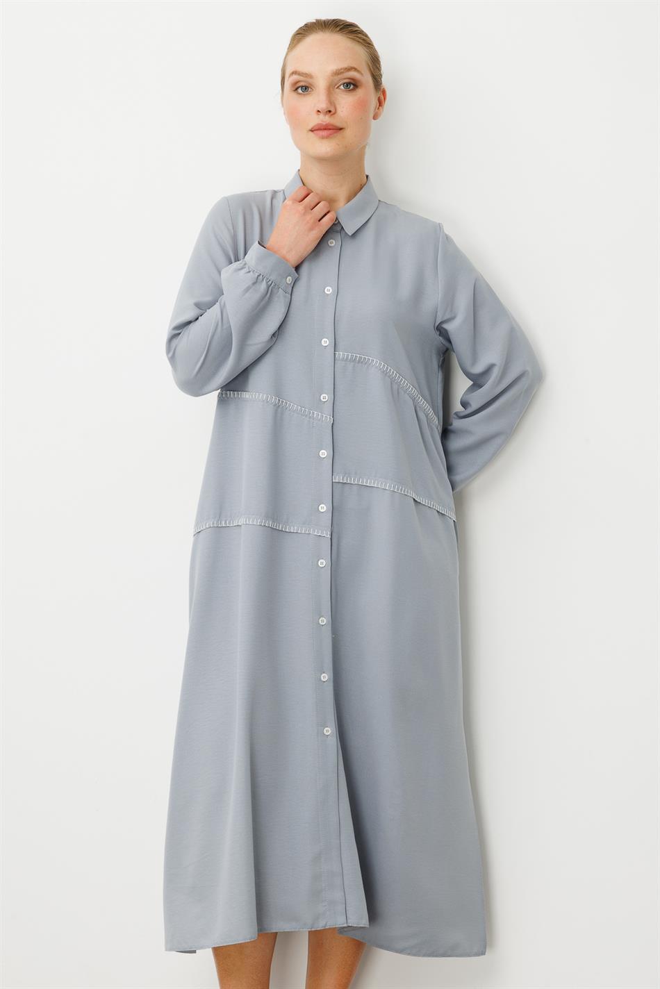 Chooban Bequeme Abaya mit Ziernähten und Seidenstoff - Grau