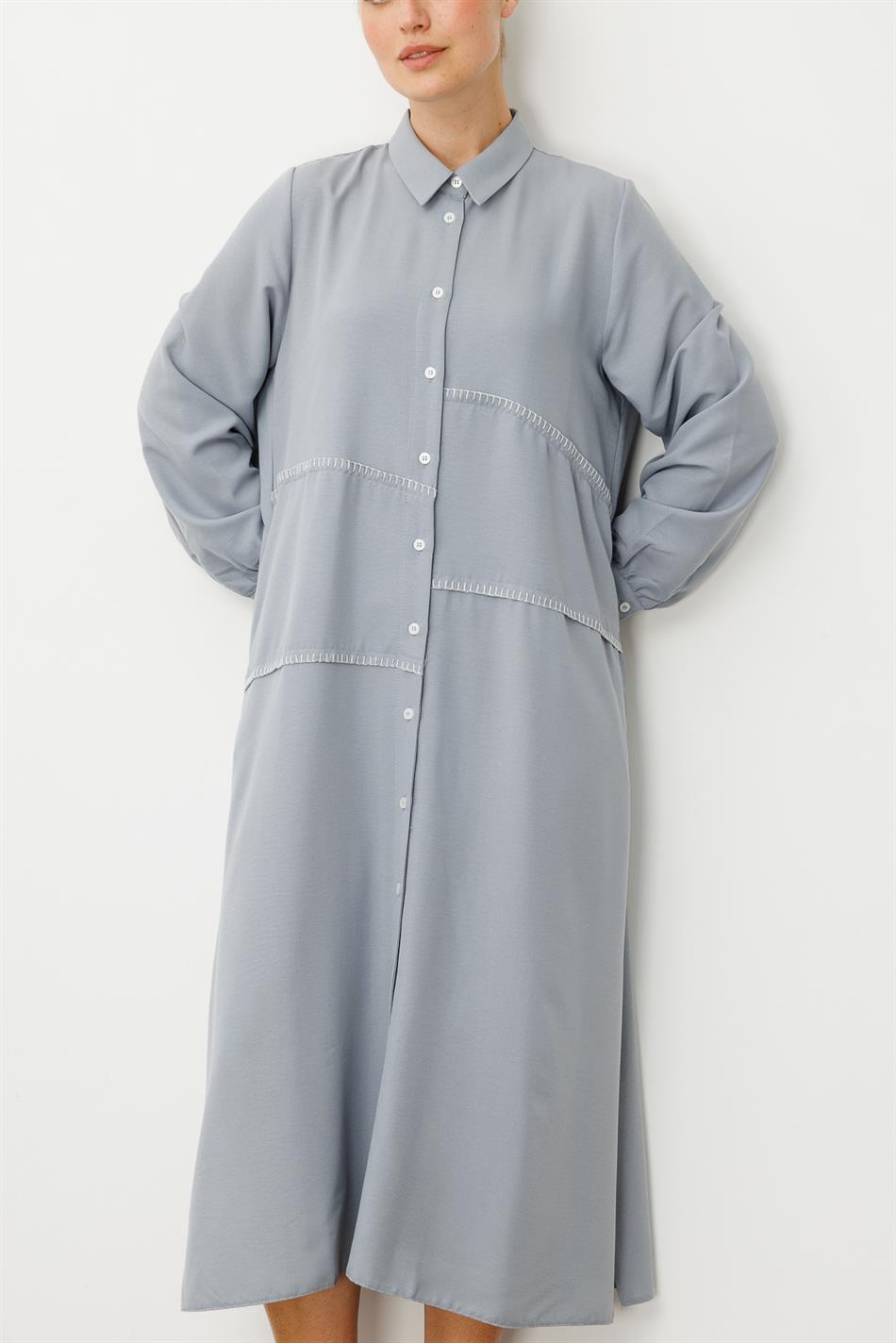 Chooban Bequeme Abaya mit Ziernähten und Seidenstoff - Grau