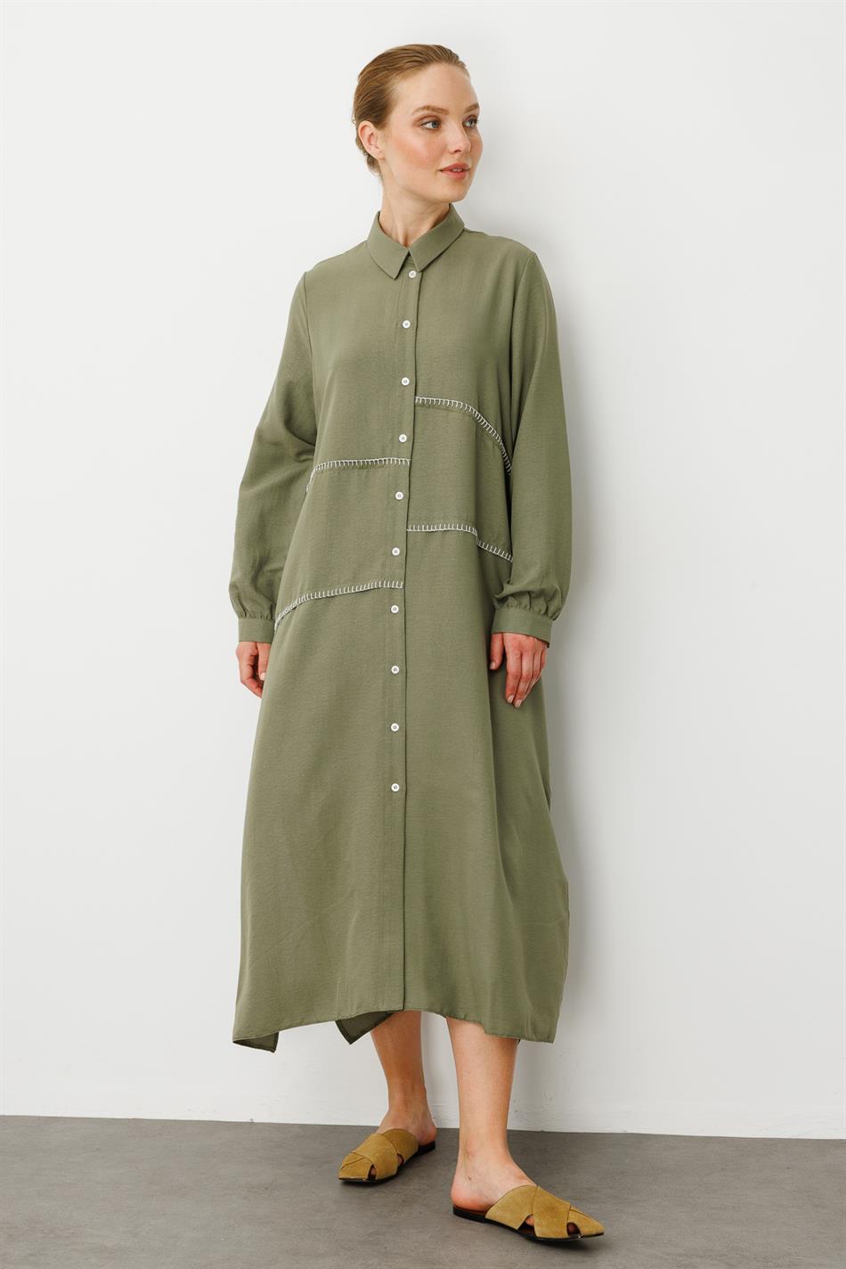 Chooban Stitching Detail Silk Fabric Comfortable Cape Abaya - Khaki