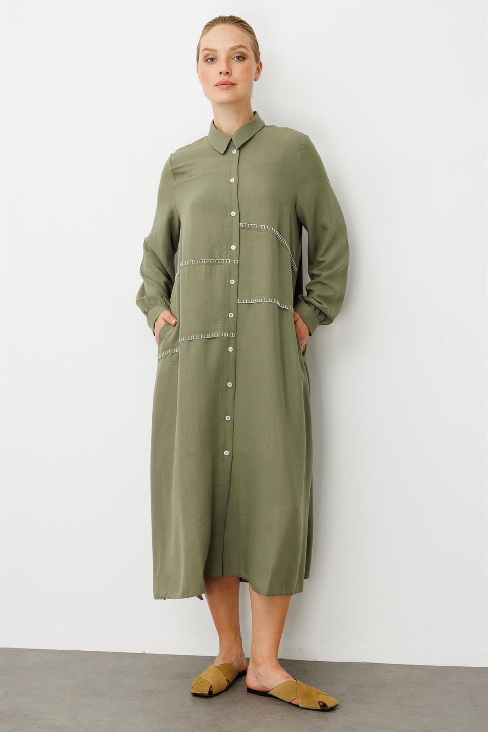 Chooban Stitching Detail Silk Fabric Comfortable Cape Abaya - Khaki