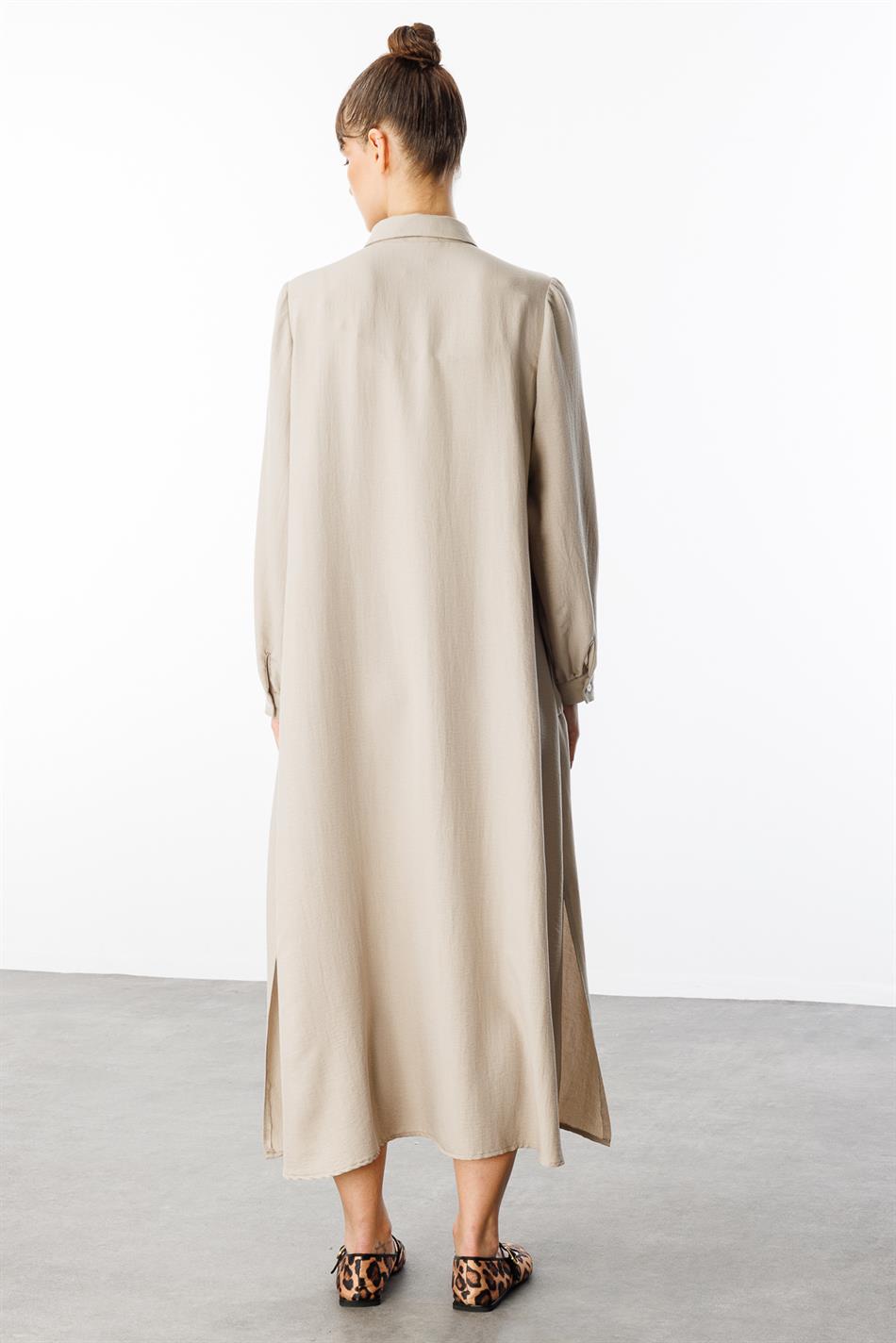 Chooban Tikiş Ətraflı İpək Parça Rahat Abaya - Daş