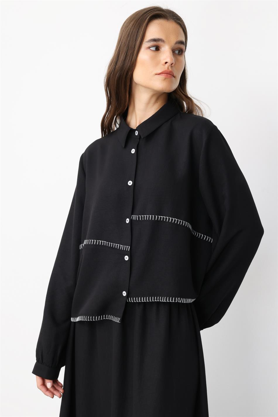 Rok/tuniek set met zijdeachtige textuur en geborduurde rand - Zwart
