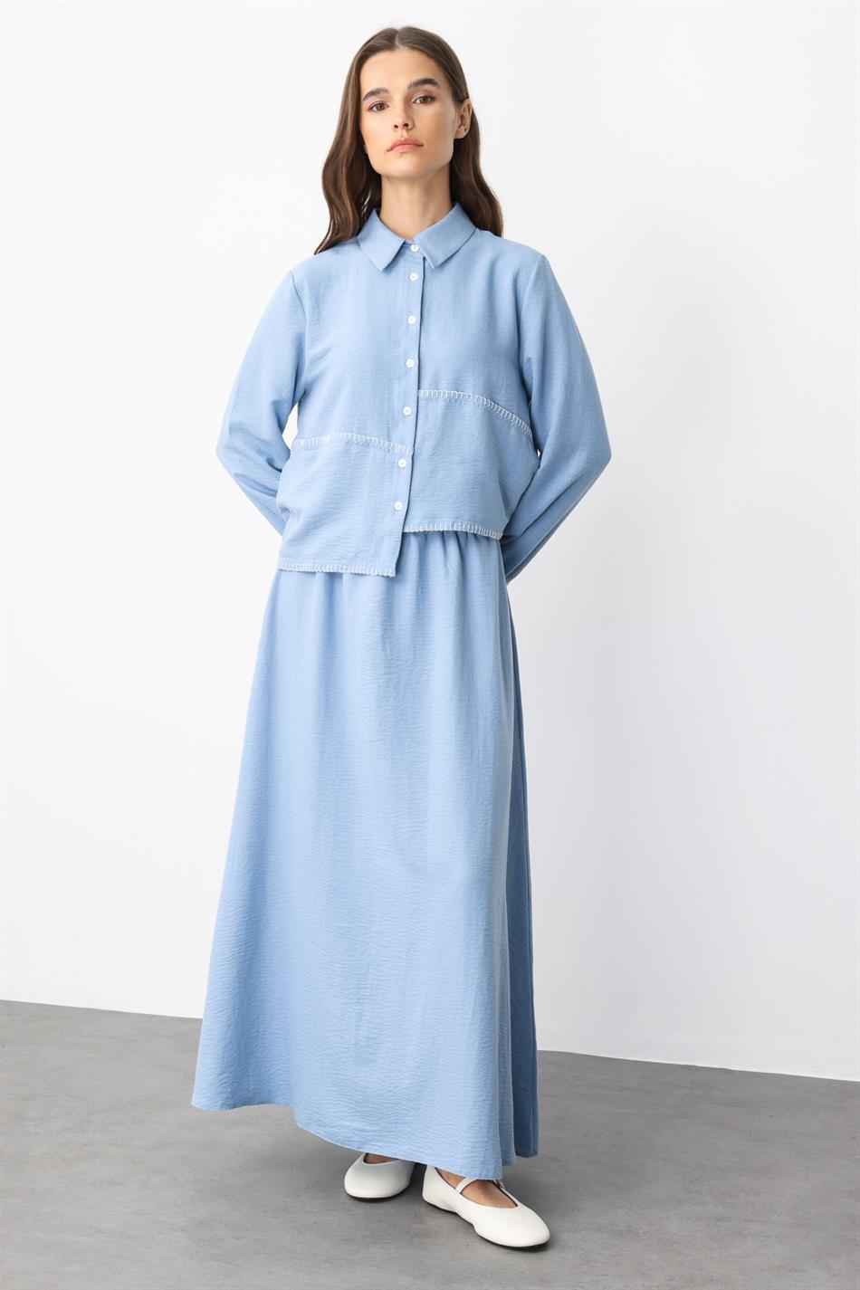 Chop Edge Embroidery Silk Texture Skirt/Tunic Set - Blue