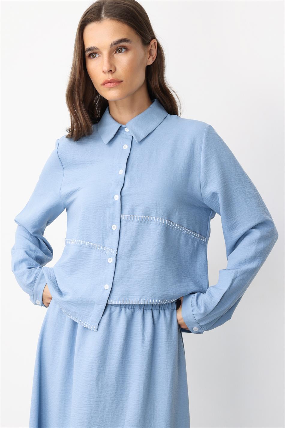 Chop Edge Embroidery Silk Texture Skirt/Tunic Set - Blue