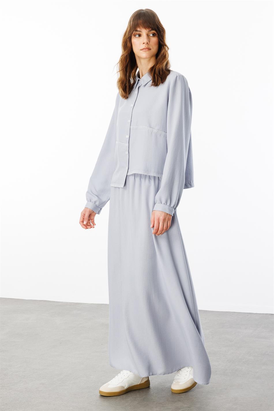 Rok/tuniekset met zijdeachtige textuur en geborduurde rand - Grijs