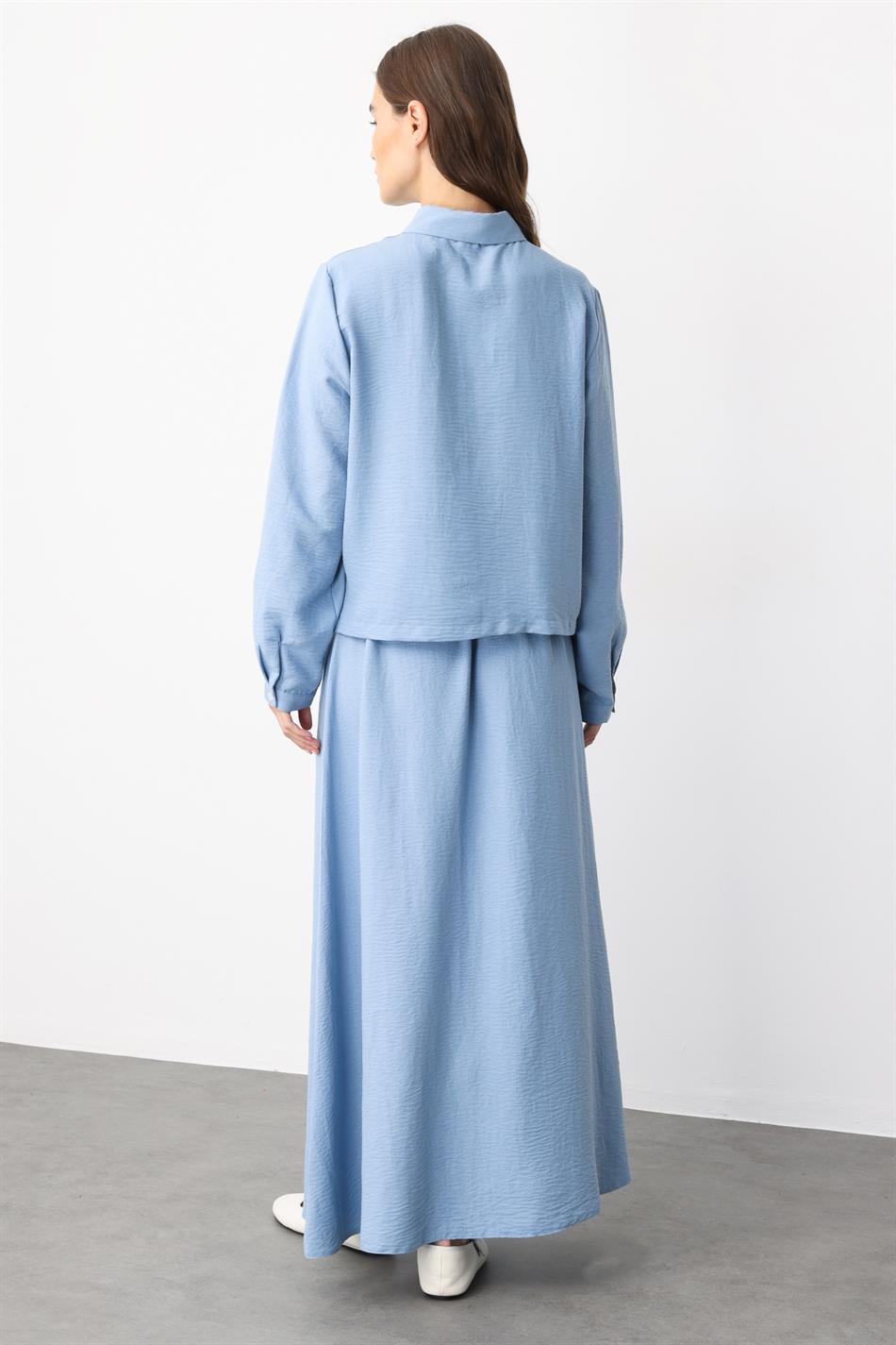 Chop Edge Embroidery Silk Texture Skirt/Tunic Set - Blue