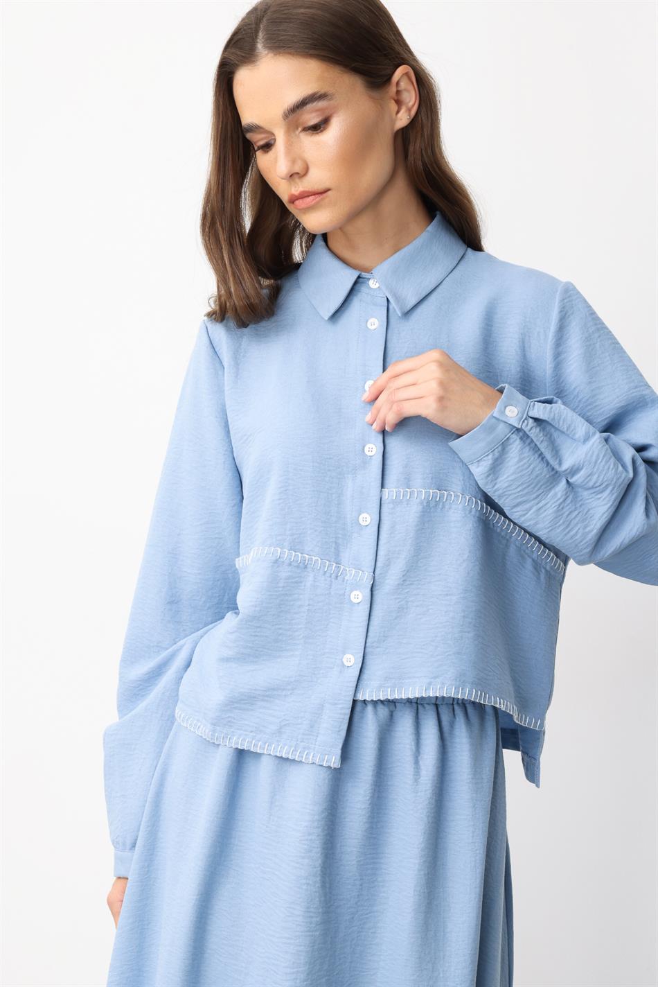 Chop Edge Embroidery Silk Texture Skirt/Tunic Set - Blue