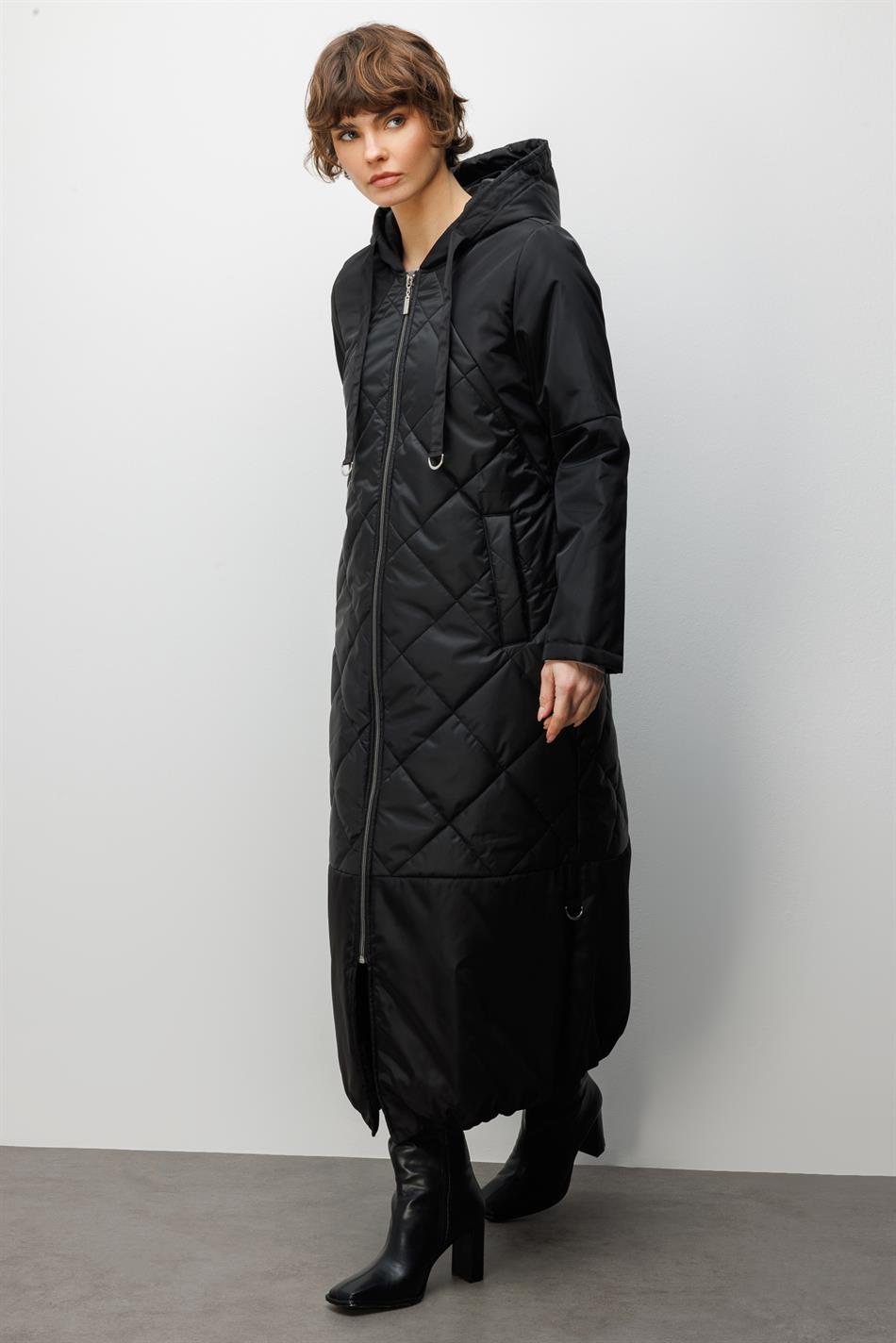 Classic Extra Soft Dolgulu Tam Boy Kaban Manto-Siyah