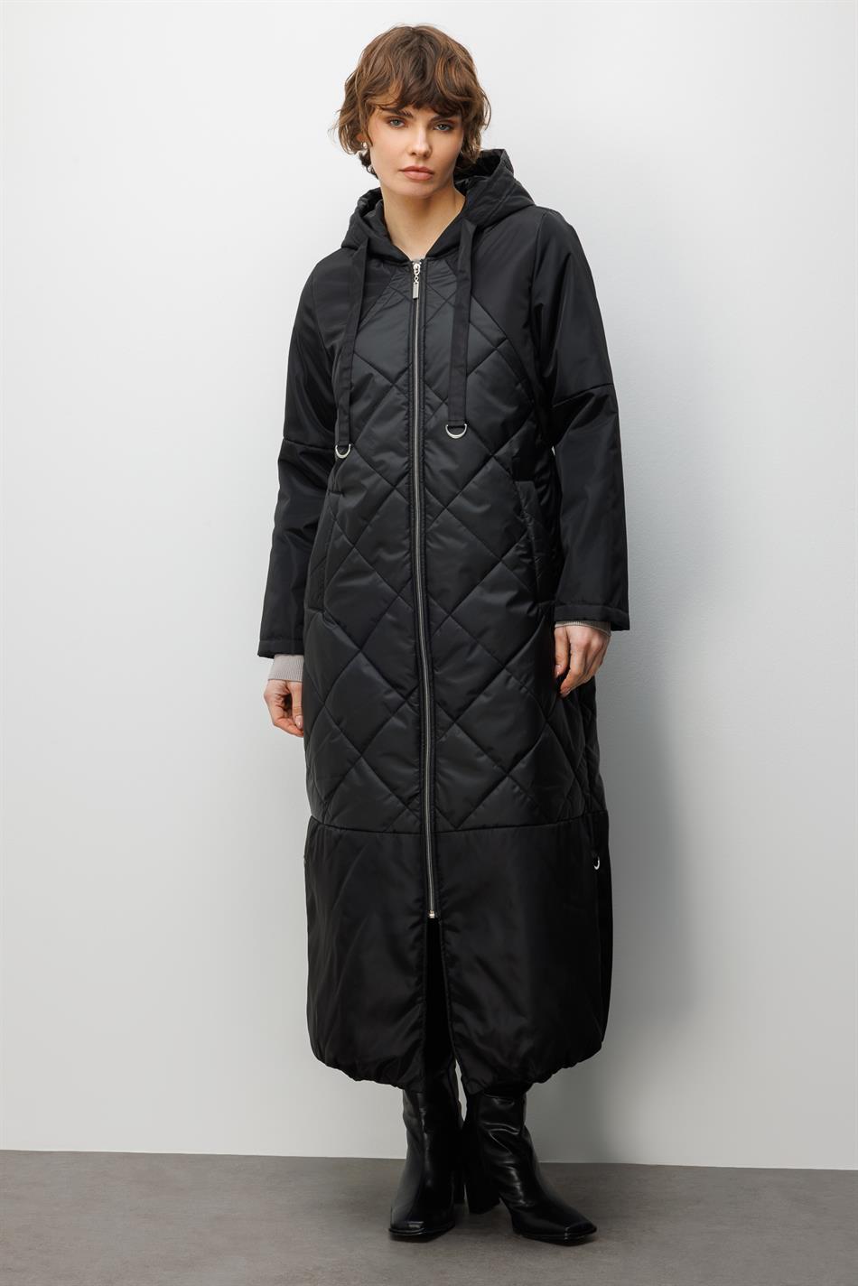 Classic Extra Soft Dolgulu Tam Boy Kaban Manto-Siyah