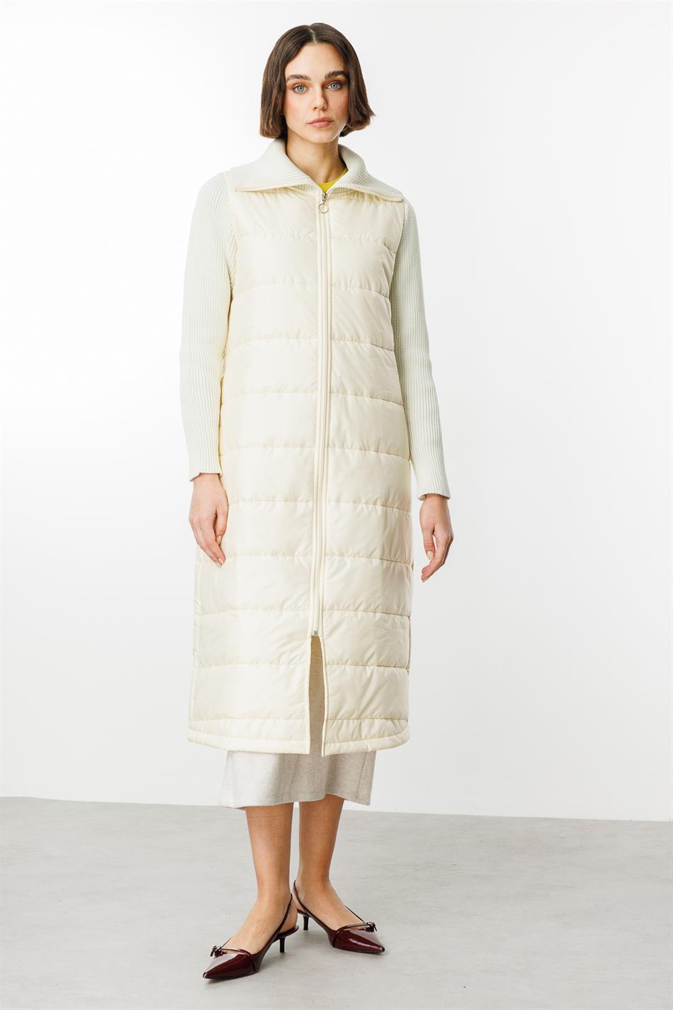 Yaxalıq və qol detalları ilə zərif trikotaj palto, yüngül, həmişə dəbli, əla qiymətə keyfiyyətli - krem ​​rəng