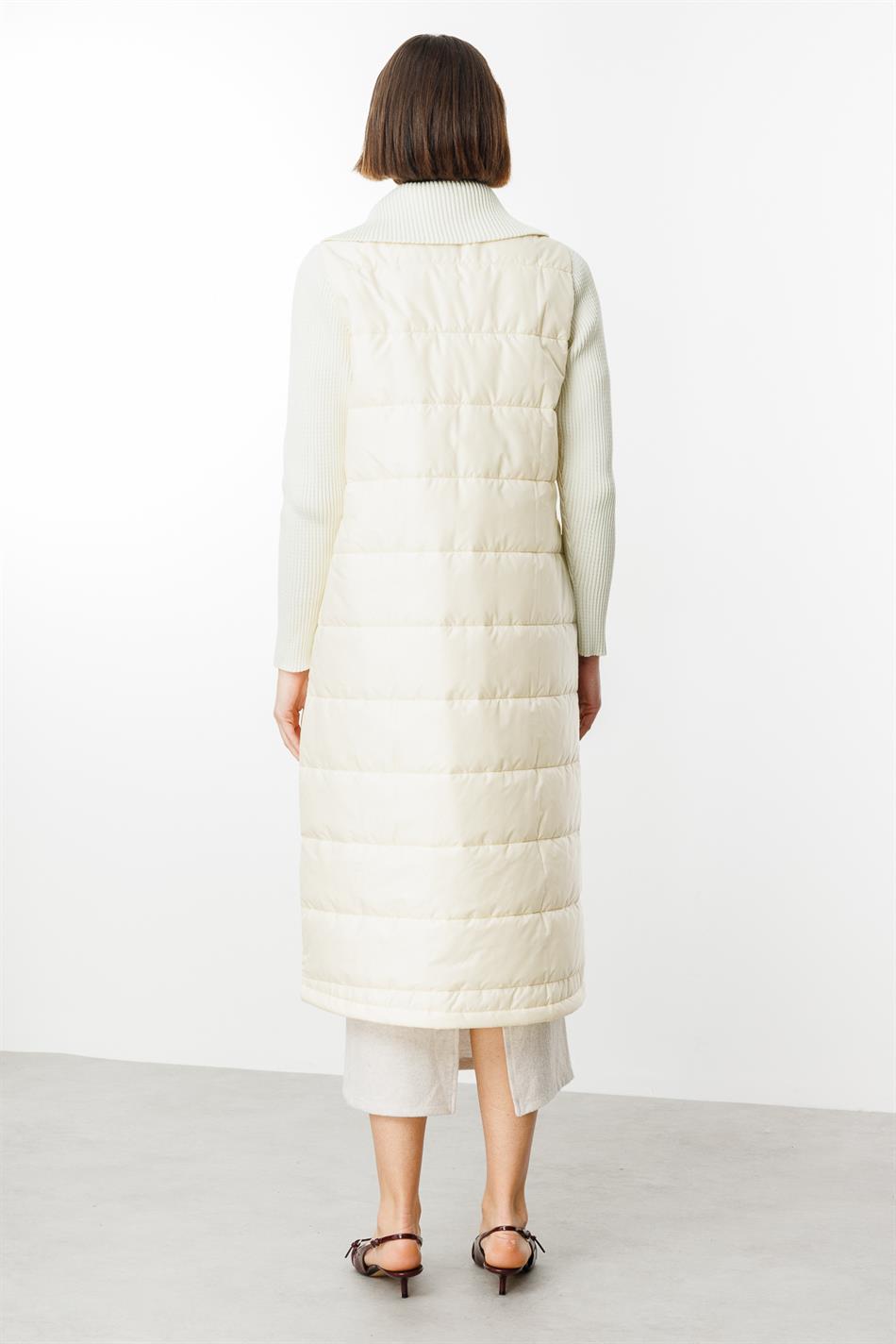 Yaxalıq və qol detalları ilə zərif trikotaj palto, yüngül, həmişə dəbli, əla qiymətə keyfiyyətli - krem ​​rəng