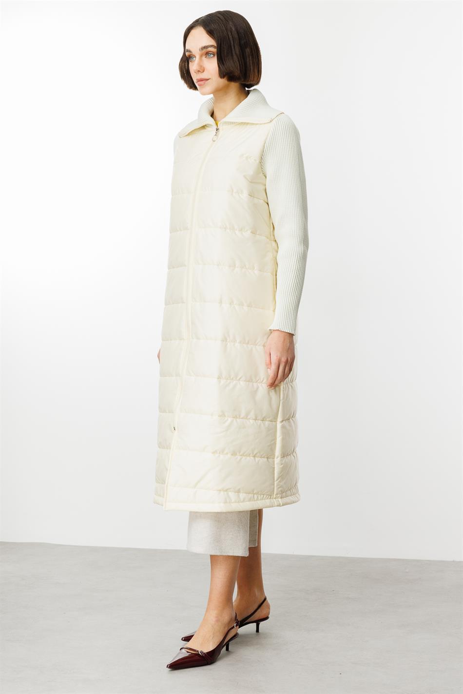 Yaxalıq və qol detalları ilə zərif trikotaj palto, yüngül, həmişə dəbli, əla qiymətə keyfiyyətli - krem ​​rəng