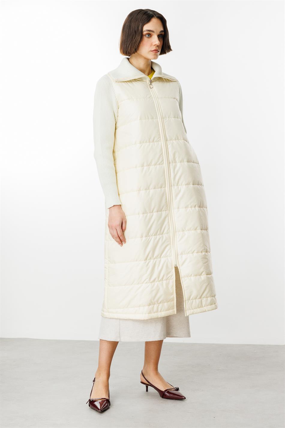 Yaxalıq və qol detalları ilə zərif trikotaj palto, yüngül, həmişə dəbli, əla qiymətə keyfiyyətli - krem ​​rəng