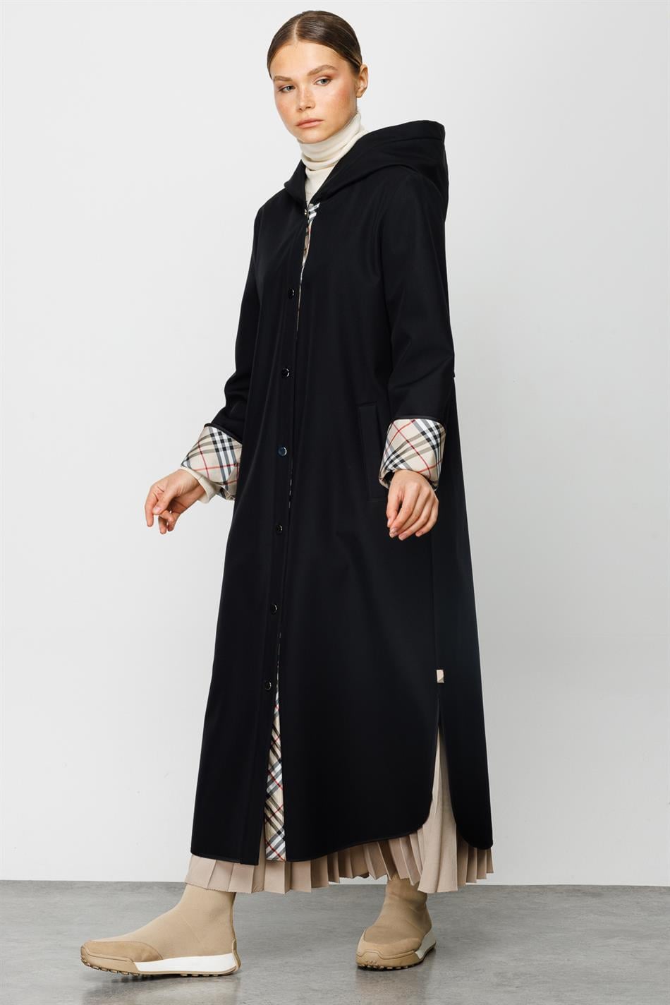 Rahat Tam Ölçülü Flis Astarlı Elite Trimmed Sport Palto PLUS - Qara