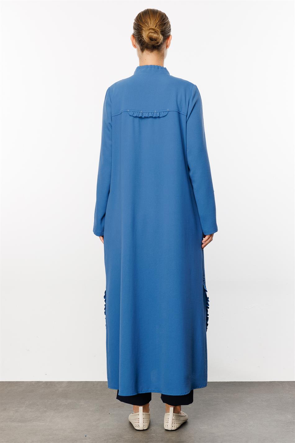 Cosi Ruffle Detail Special Woven Fabric Abaya Cape - Indigo