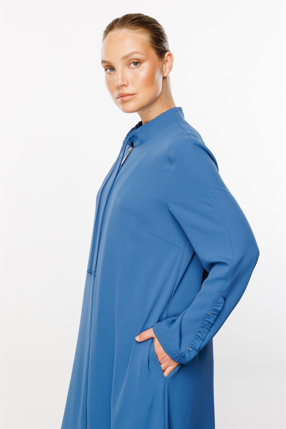 Cosi Ruffle Detail Special Woven Fabric Abaya Cape - Indigo