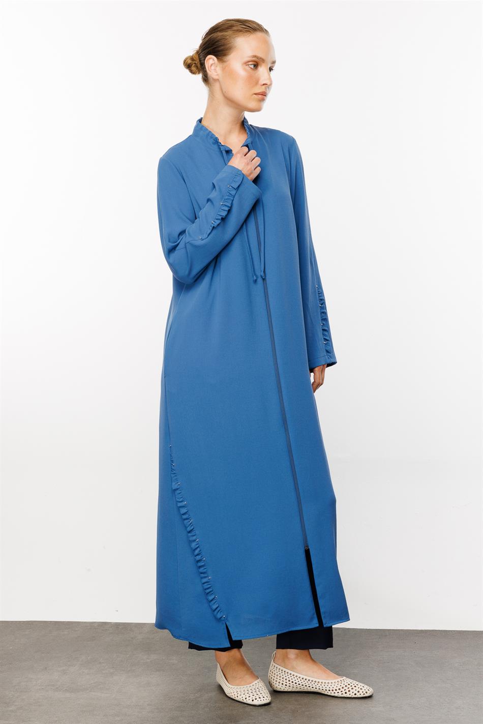 Cosi Ruffle Detail Special Woven Fabric Abaya Cape - Indigo