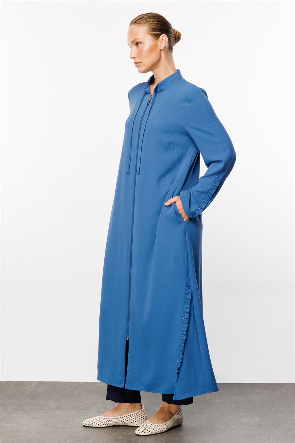 Cosi Ruffle Detail Special Woven Fabric Abaya Cape - Indigo
