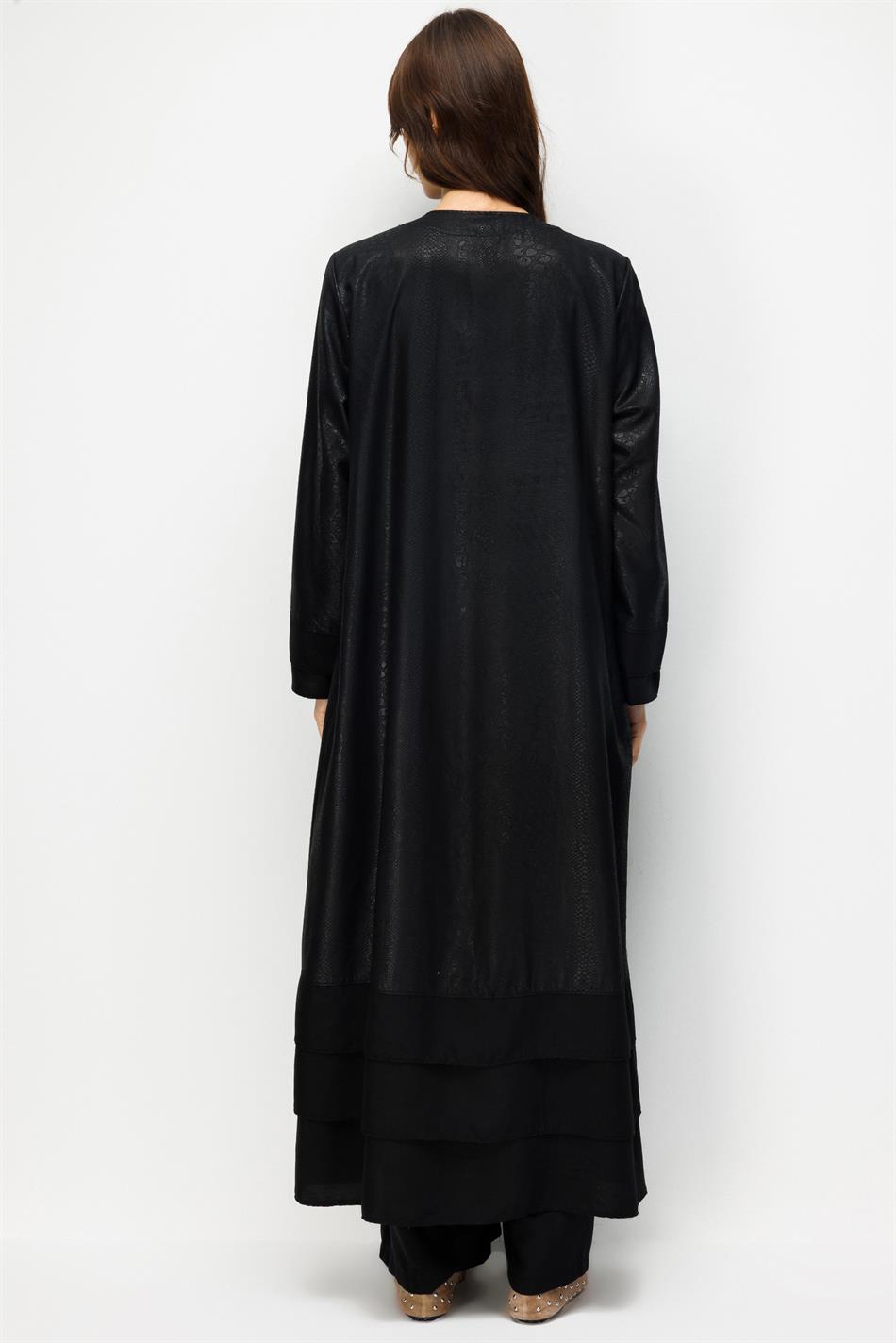 CROCODILE Özel Desen Soft Kumaş Üst Beden ve Aller Kat Kat Kol ve Alt Beden İpekçe Garni Zamansız-Siyah