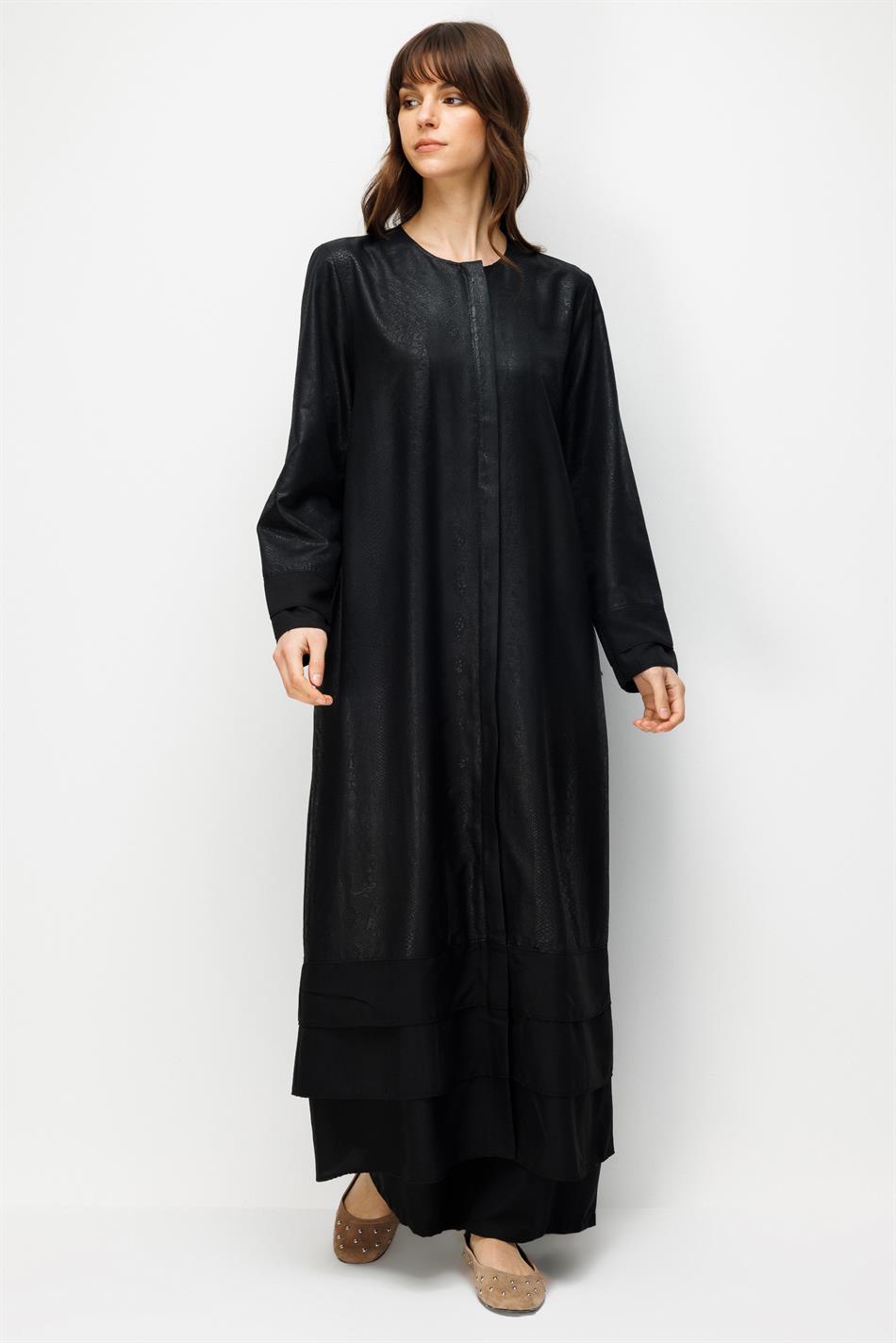 CROCODILE Özel Desen Soft Kumaş Üst Beden ve Aller Kat Kat Kol ve Alt Beden İpekçe Garni Zamansız-Siyah