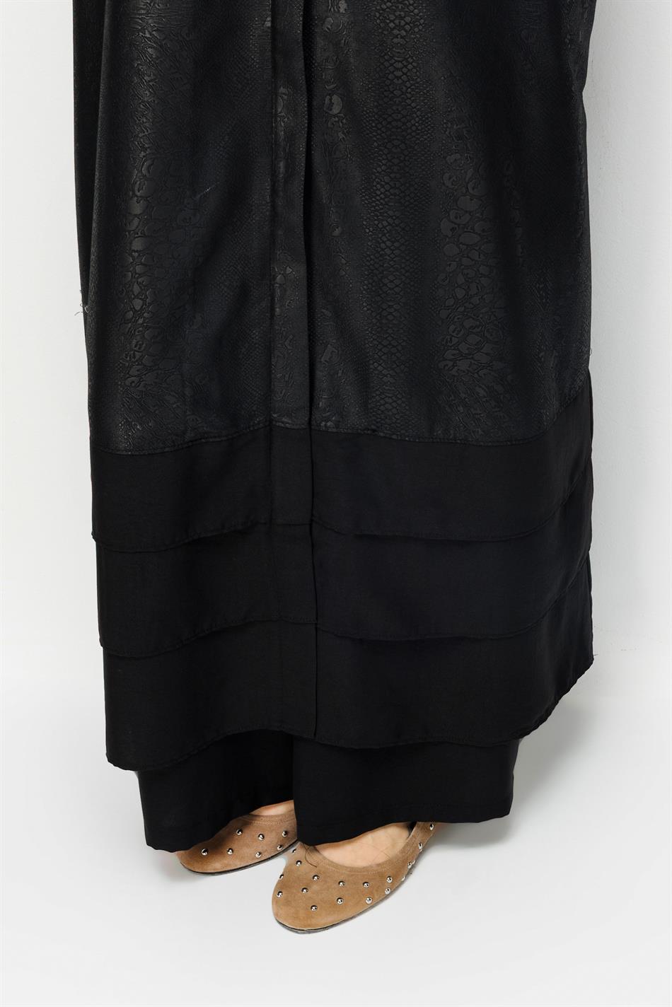 CROCODILE Özel Desen Soft Kumaş Üst Beden ve Aller Kat Kat Kol ve Alt Beden İpekçe Garni Zamansız-Siyah