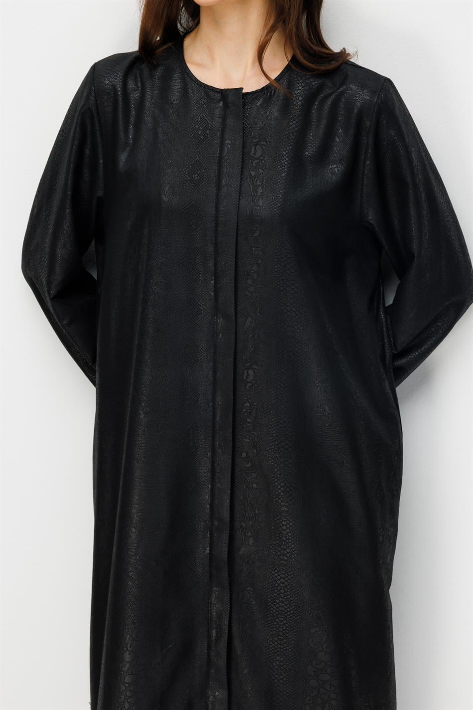 CROCODILE Özel Desen Soft Kumaş Üst Beden ve Aller Kat Kat Kol ve Alt Beden İpekçe Garni Zamansız-Siyah