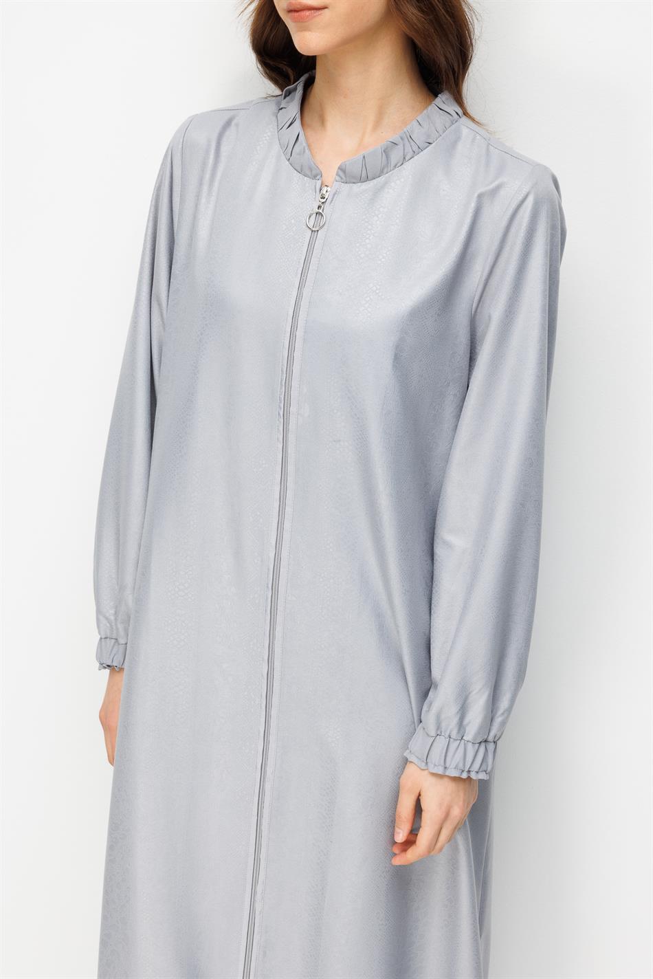 CROCODILE Özel Desen Soft Kumaş ve Yaka Kol İpekçe Garni Zamansız Ferace-Gri