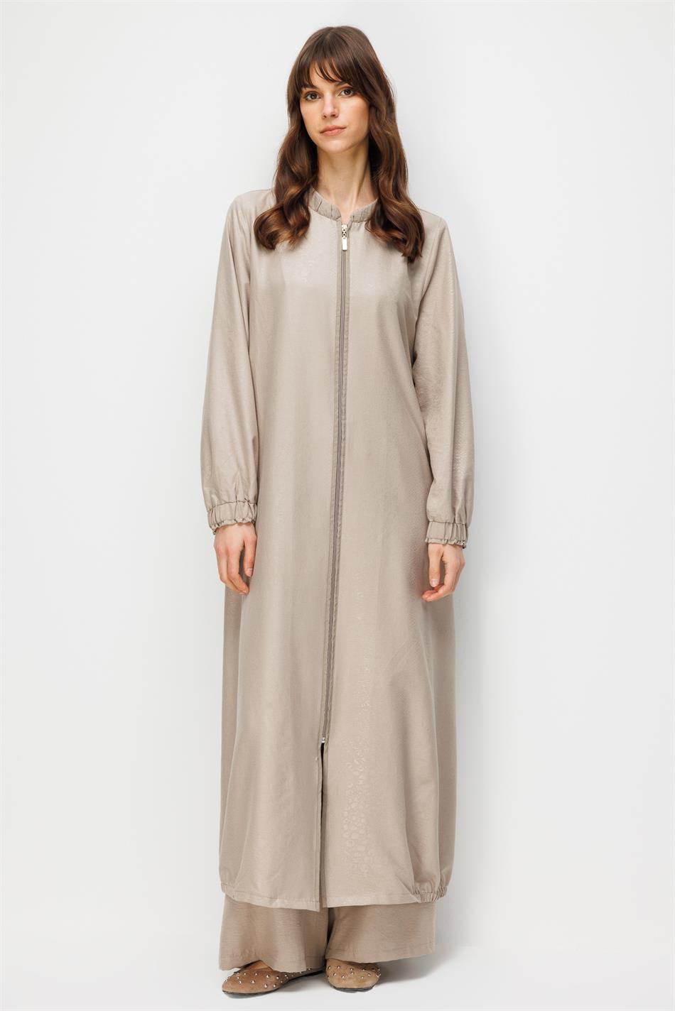 CROCODILE Özel Desen Soft Kumaş ve Yaka Kol İpekçe Garni Zamansız Ferace-Taş