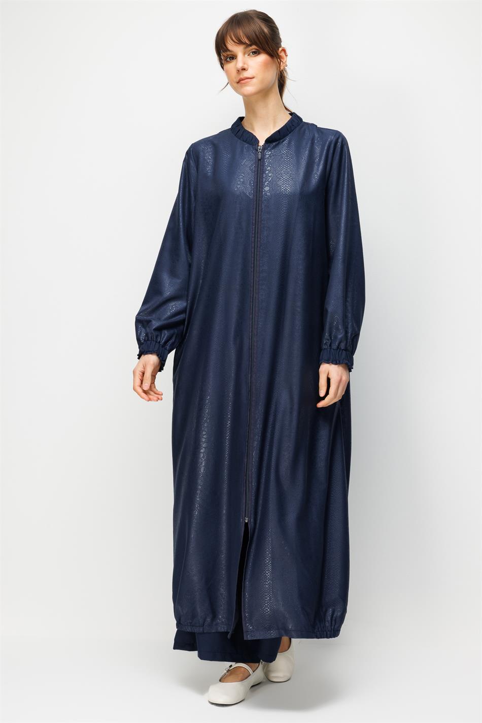 CROCODILE Özel Desen Soft Kumaş ve Yaka Kol İpekçe Garni Zamansız Ferace-Laci