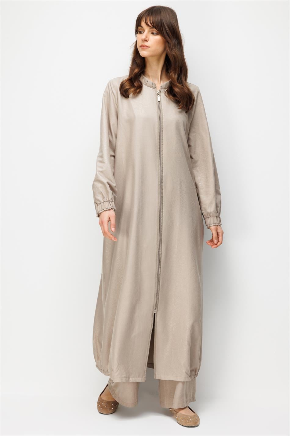 CROCODILE Özel Desen Soft Kumaş ve Yaka Kol İpekçe Garni Zamansız Ferace-Taş