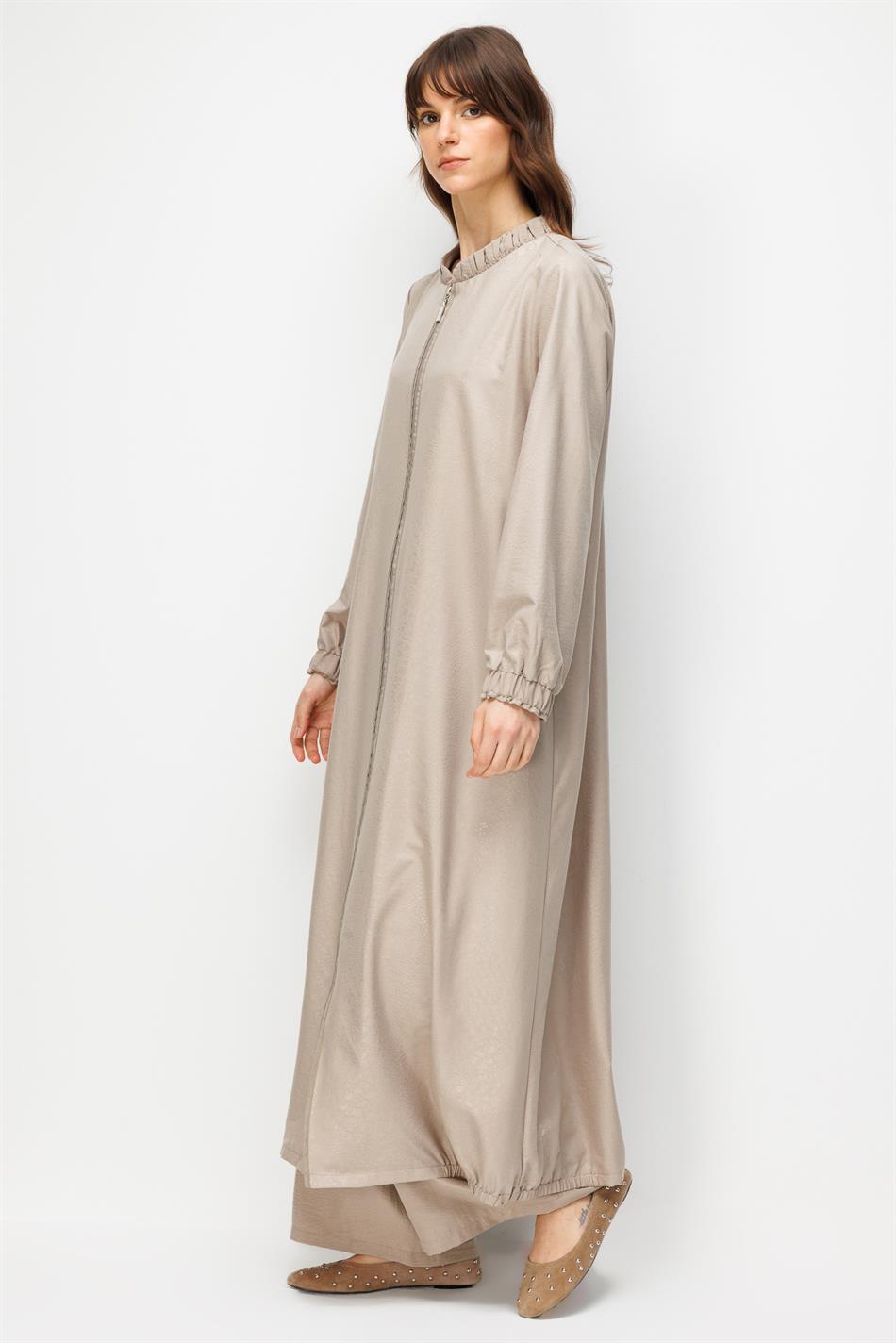 CROCODILE Özel Desen Soft Kumaş ve Yaka Kol İpekçe Garni Zamansız Ferace-Taş