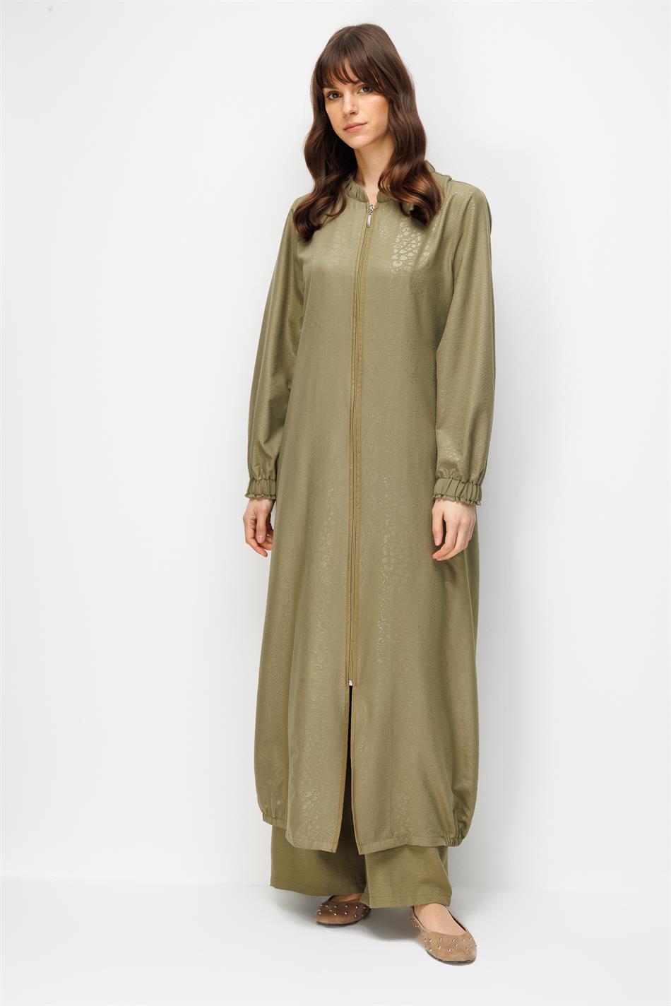 CROCODILE Özel Desen Soft Kumaş ve Yaka Kol İpekçe Garni Zamansız Ferace-Haki