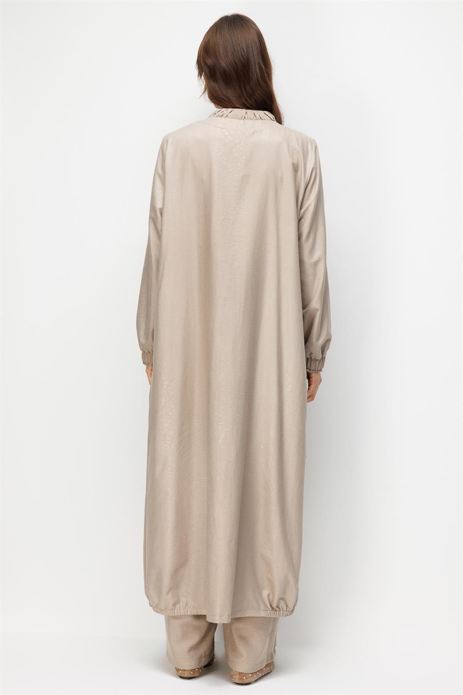 CROCODILE Özel Desen Soft Kumaş ve Yaka Kol İpekçe Garni Zamansız Ferace-Taş